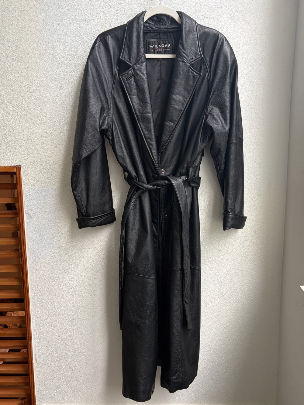 Wilsons Leather Black Leather Long Trench Coat with Belt
